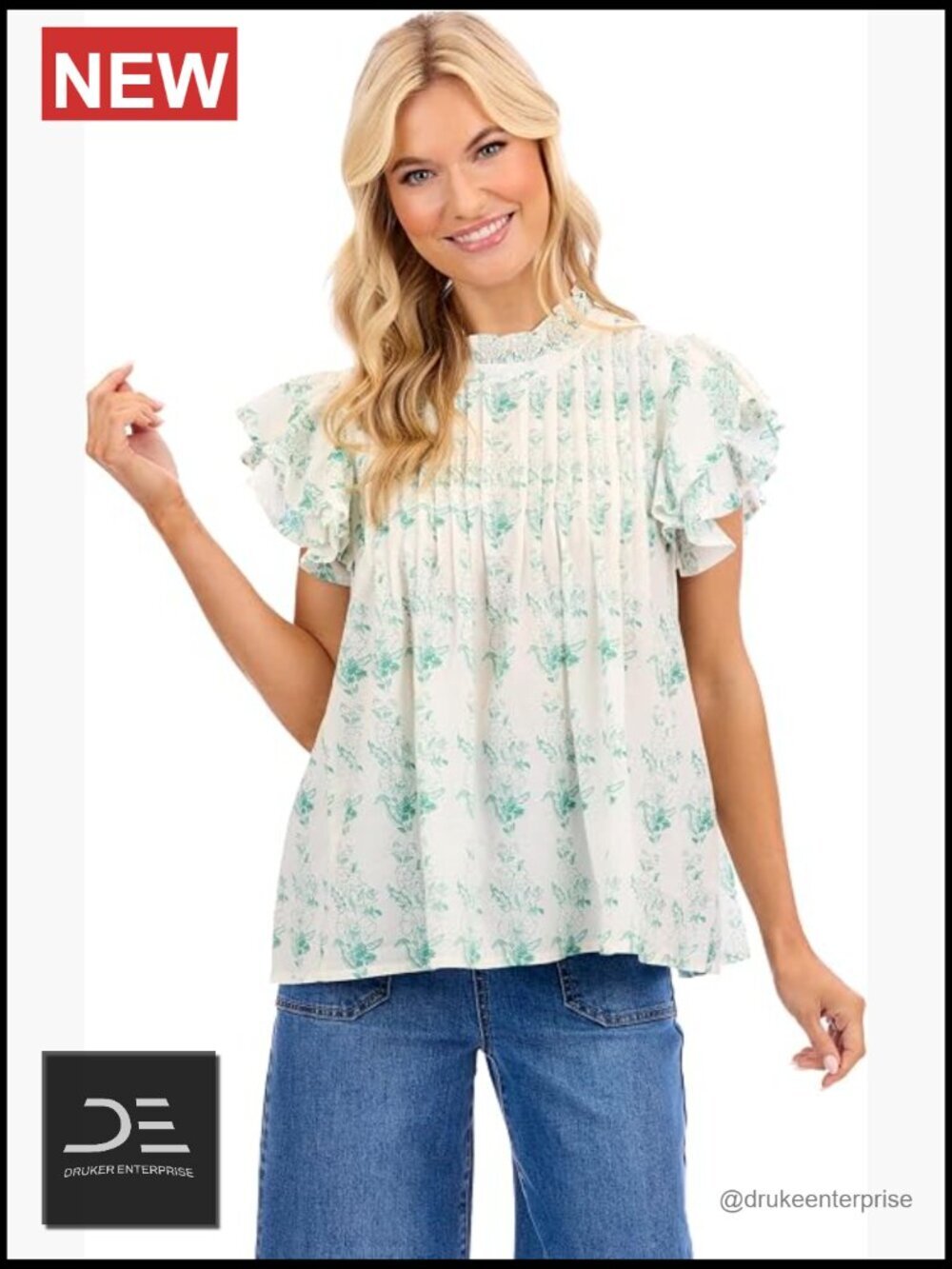 Women's Cotton Flutter Sleeve Blouse with Ruffled Collar and Pleating